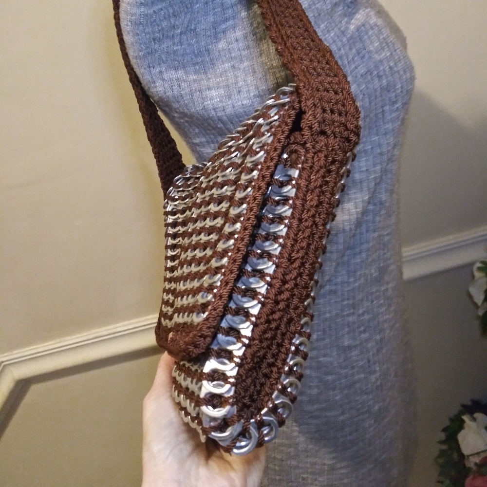 Boho One-Of-A-Kind Handmade Silver Soda Tab Trimmed Brown Crocheted Shoulder Bag - Picture 4 of 12